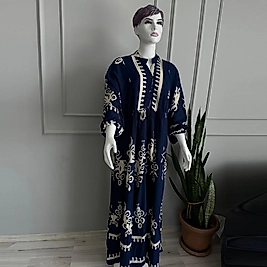 Etnik Desenli Lacivert Kadın Elbise