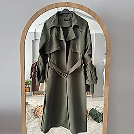Kadın Kuşaklı Haki Trençkot